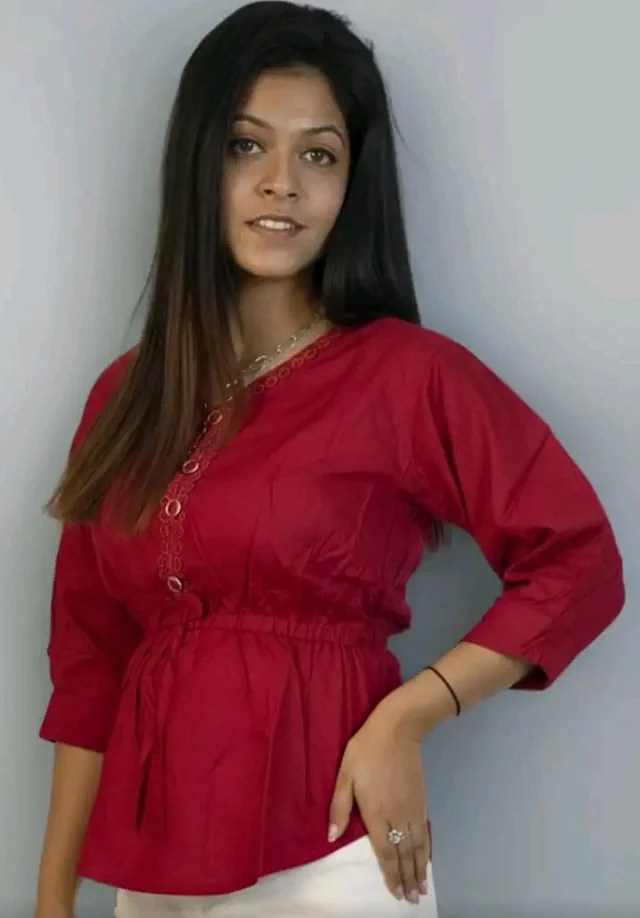 Women Solid Red Peplum Top, 3/4 Sleeve V Neck Stylish Top with Waist Tie-Up | Trendy Casual, Office Top for Girls & Women (L Size)
- 2XL