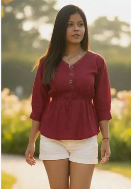 Women Solid Red Peplum Top, 3/4 Sleeve V Neck Stylish Top with Waist Tie-Up | Trendy Casual, Office Top for Girls & Women (L Size)
- 2XL