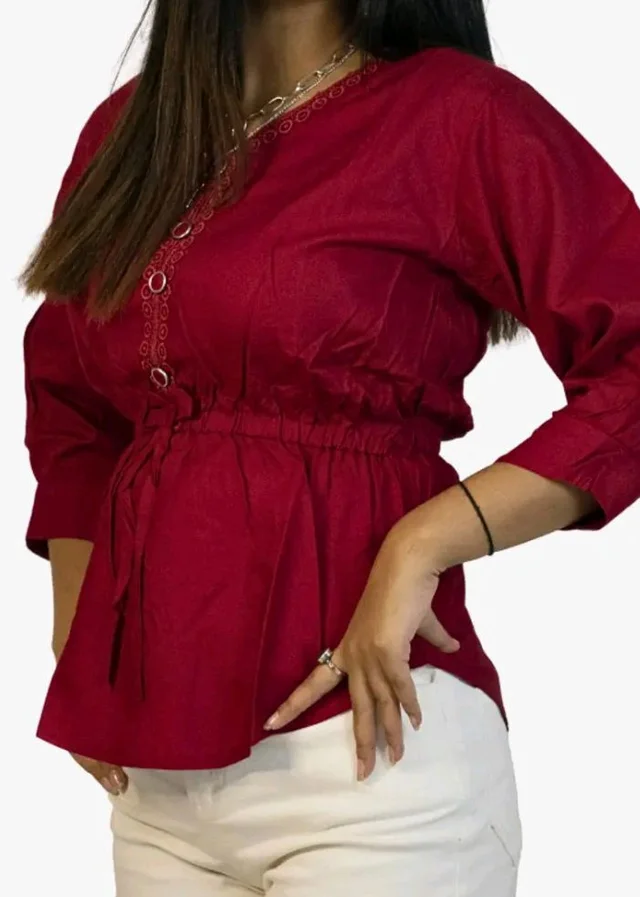 Women Solid Red Peplum Top, 3/4 Sleeve V Neck Stylish Top with Waist Tie-Up | Trendy Casual, Office Top for Girls & Women (L Size)
- 2XL