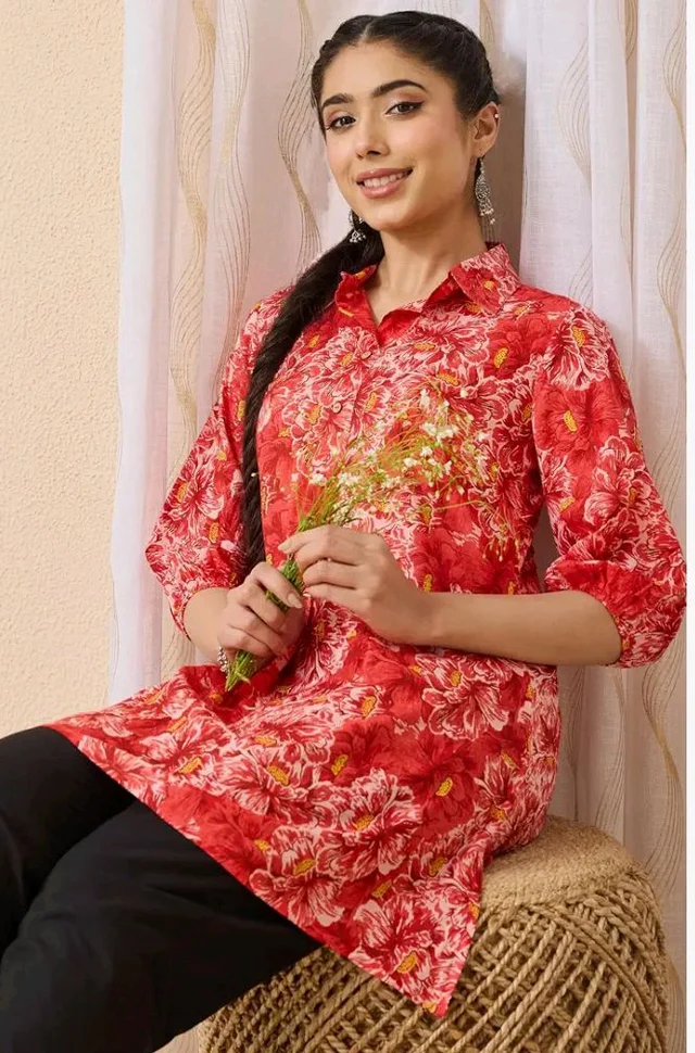 Janasya Women's Coral Pure Cotton Floral Printed A-line Tunic
