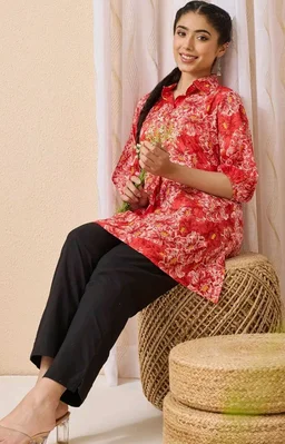 Janasya Women's Coral Pure Cotton Floral Printed A-line Tunic
- S