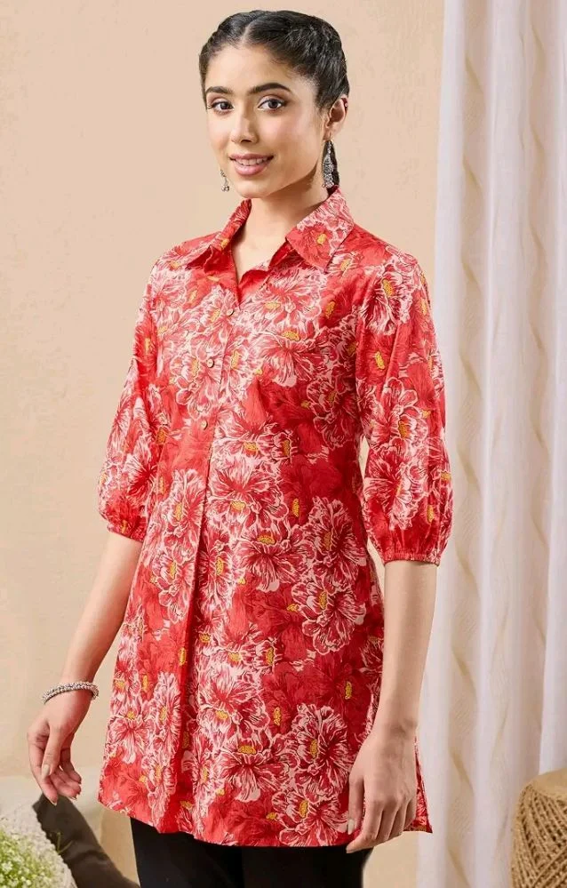 Janasya Women's Coral Pure Cotton Floral Printed A-line Tunic
- S
