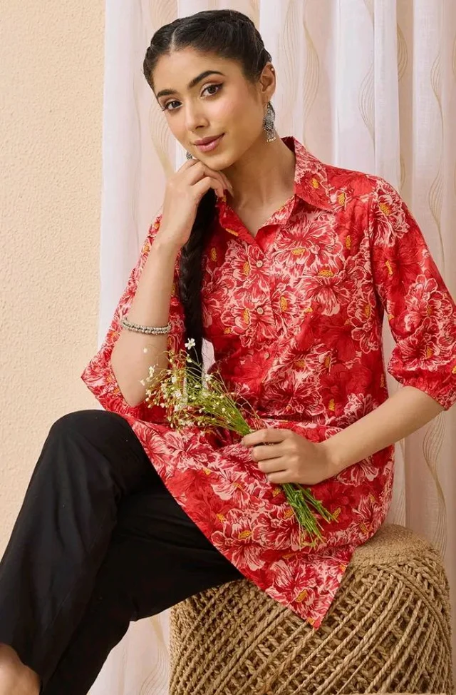 Janasya Women's Coral Pure Cotton Floral Printed A-line Tunic
- S
