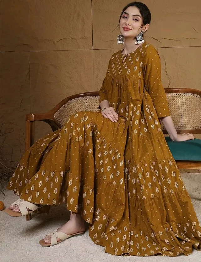 GULMOHAR JAIPUR Cotton Calf Length Printed 3/4 Sleeves Key Hole Neck Flared Kurta (GUL503KRTMUSTARD)
- 2XL