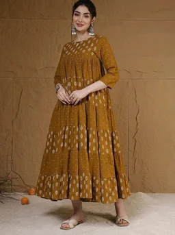 GULMOHAR JAIPUR Cotton Calf Length Printed 3/4 Sleeves Key Hole Neck Flared Kurta (GUL503KRTMUSTARD)
- 2XL