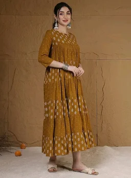 GULMOHAR JAIPUR Cotton Calf Length Printed 3/4 Sleeves Key Hole Neck Flared Kurta (GUL503KRTMUSTARD)
- 2XL