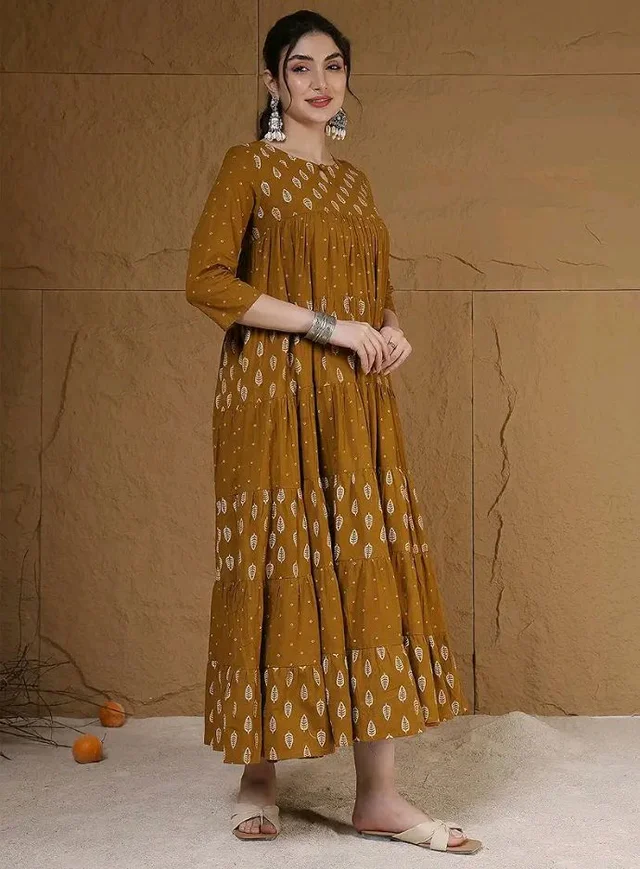 GULMOHAR JAIPUR Cotton Calf Length Printed 3/4 Sleeves Key Hole Neck Flared Kurta (GUL503KRTMUSTARD)
- 2XL