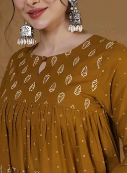 GULMOHAR JAIPUR Cotton Calf Length Printed 3/4 Sleeves Key Hole Neck Flared Kurta (GUL503KRTMUSTARD)
- 2XL
