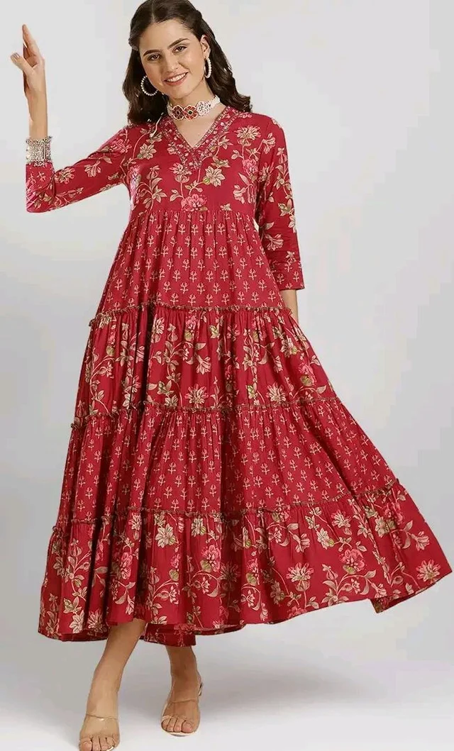 GULMOHAR JAIPUR Women's Cotton Calf Length Printed V-Neck Anarkali Kurta
- L