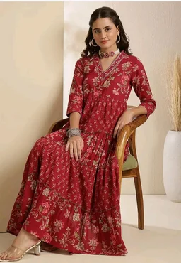 GULMOHAR JAIPUR Women's Cotton Calf Length Printed V-Neck Anarkali Kurta
- L