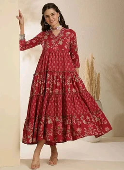 GULMOHAR JAIPUR Women's Cotton Calf Length Printed V-Neck Anarkali Kurta
- L