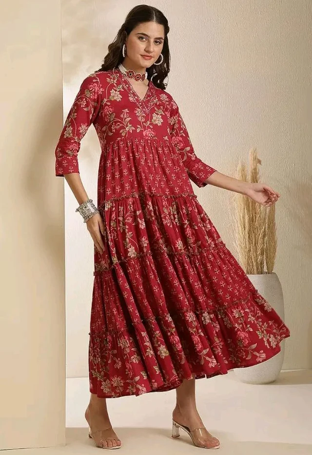 GULMOHAR JAIPUR Women's Cotton Calf Length Printed V-Neck Anarkali Kurta
- L