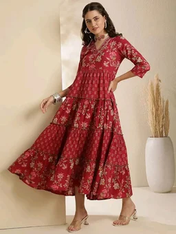 GULMOHAR JAIPUR Women's Cotton Calf Length Printed V-Neck Anarkali Kurta
- L