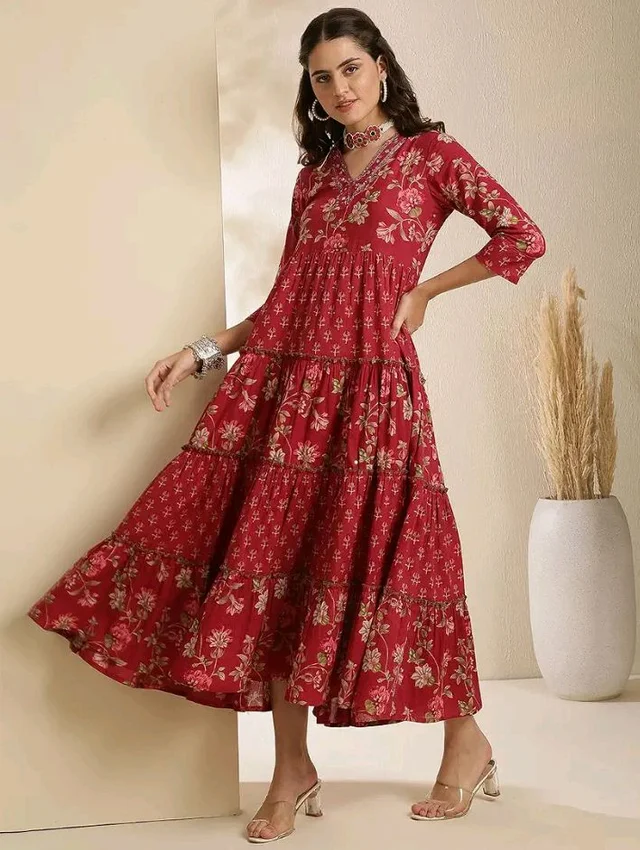 GULMOHAR JAIPUR Women's Cotton Calf Length Printed V-Neck Anarkali Kurta
- L