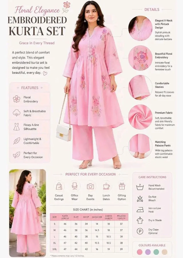Brand: Gk Blessings Shops
Women's Cotton Embroidery A-Line Kurti with Pant Set
- 2XL