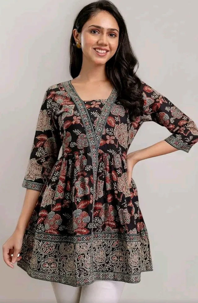 Stylum Women's Black Floral Printed Pure Cotton Peplum Top | Kurti Tops for Women | Tunic Tops for Cotton (Available in Plus Sizes)
- M