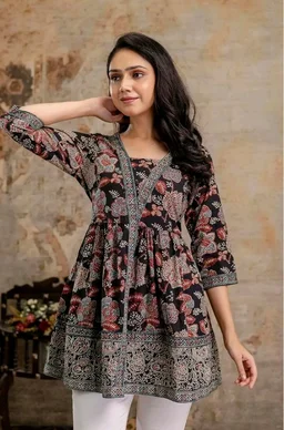 Stylum Women's Black Floral Printed Pure Cotton Peplum Top | Kurti Tops for Women | Tunic Tops for Cotton (Available in Plus Sizes)
- M