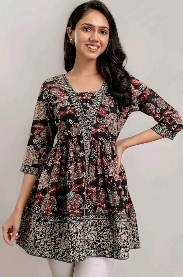 Stylum Women's Black Floral Printed Pure Cotton Peplum Top | Kurti Tops for Women | Tunic Tops for Cotton (Available in Plus Sizes)
- L