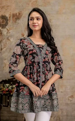 Stylum Women's Black Floral Printed Pure Cotton Peplum Top | Kurti Tops for Women | Tunic Tops for Cotton (Available in Plus Sizes)
- L