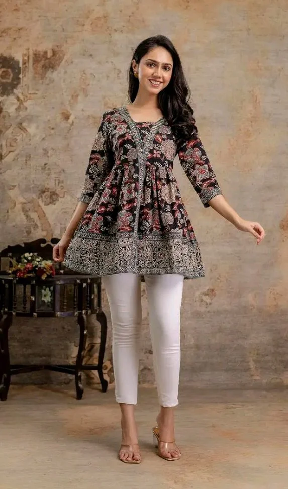 Stylum Women's Black Floral Printed Pure Cotton Peplum Top | Kurti Tops for Women | Tunic Tops for Cotton (Available in Plus Sizes)
- L