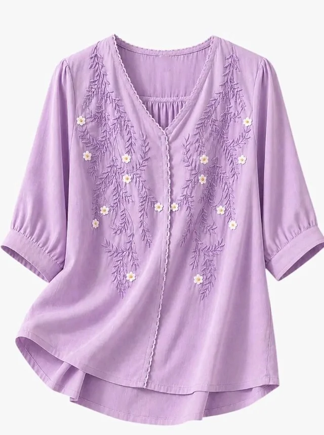RIEKA Womens Embroidered Korean Style Top and Tunic; V Neck| Floral Thread Embroidery| Three Quarter Puff Sleeves |Relaxed Fit Curved Hem| Casual Everyday Fusion Top
- 3XL