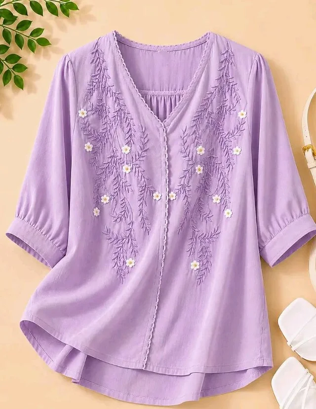 RIEKA Womens Embroidered Korean Style Top and Tunic; V Neck| Floral Thread Embroidery| Three Quarter Puff Sleeves |Relaxed Fit Curved Hem| Casual Everyday Fusion Top
- 3XL