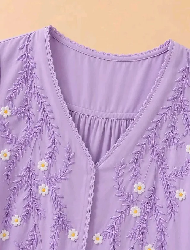 RIEKA Womens Embroidered Korean Style Top and Tunic; V Neck| Floral Thread Embroidery| Three Quarter Puff Sleeves |Relaxed Fit Curved Hem| Casual Everyday Fusion Top
- 3XL
