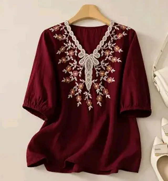 RIEKA Womens Embroidered Korean Style Tunic Top, Floral Thread Work | V Neck | Puff Sleeves | Relaxed Fit Casual | Fusion Rayon Top for Every Day Styling
- L