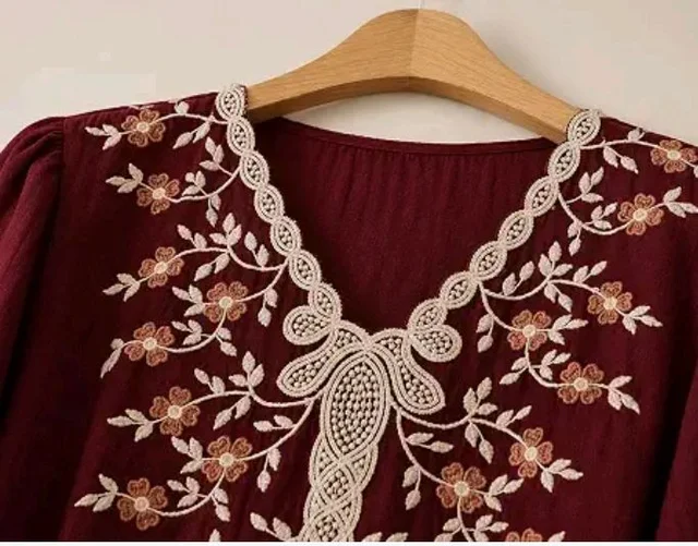 RIEKA Womens Embroidered Korean Style Tunic Top, Floral Thread Work | V Neck | Puff Sleeves | Relaxed Fit Casual | Fusion Rayon Top for Every Day Styling
- L
