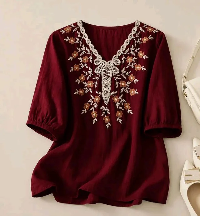 RIEKA Womens Embroidered Korean Style Tunic Top, Floral Thread Work | V Neck | Puff Sleeves | Relaxed Fit Casual | Fusion Rayon Top for Every Day Styling
- L