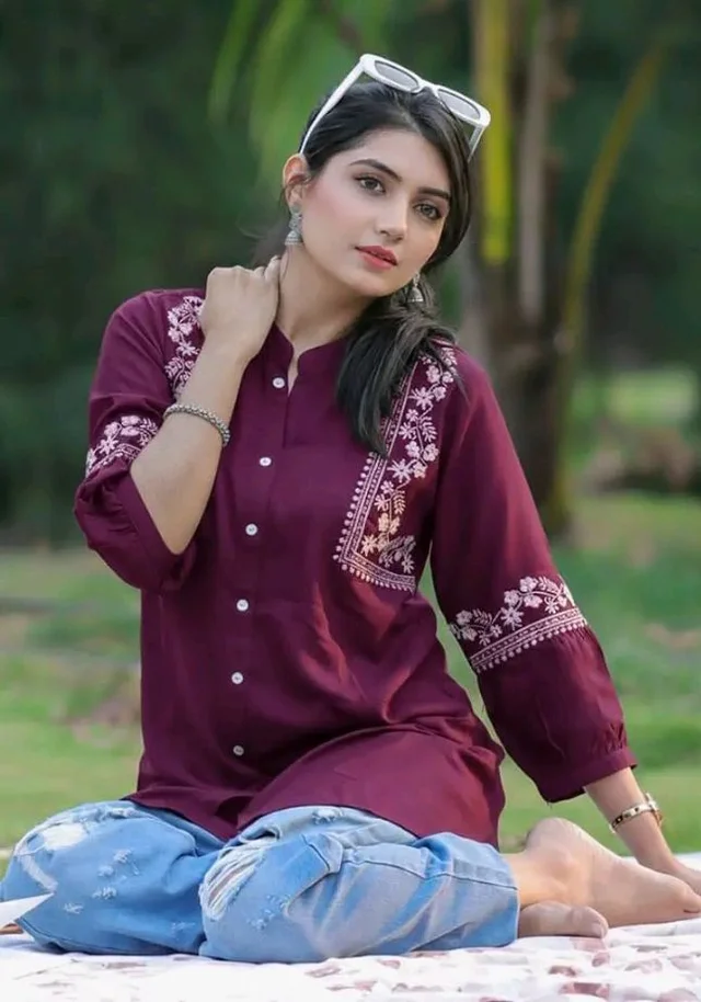 Women Rayon Embroidered Tunic Top with Button Work | 3/4 Sleeve Casual & Office Wear Long Tunic Soft Comfortable Short Kurti Stylish Everyday Wear
- 3XL