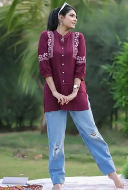 Women Rayon Embroidered Tunic Top with Button Work | 3/4 Sleeve Casual & Office Wear Long Tunic Soft Comfortable Short Kurti Stylish Everyday Wear
- 3XL