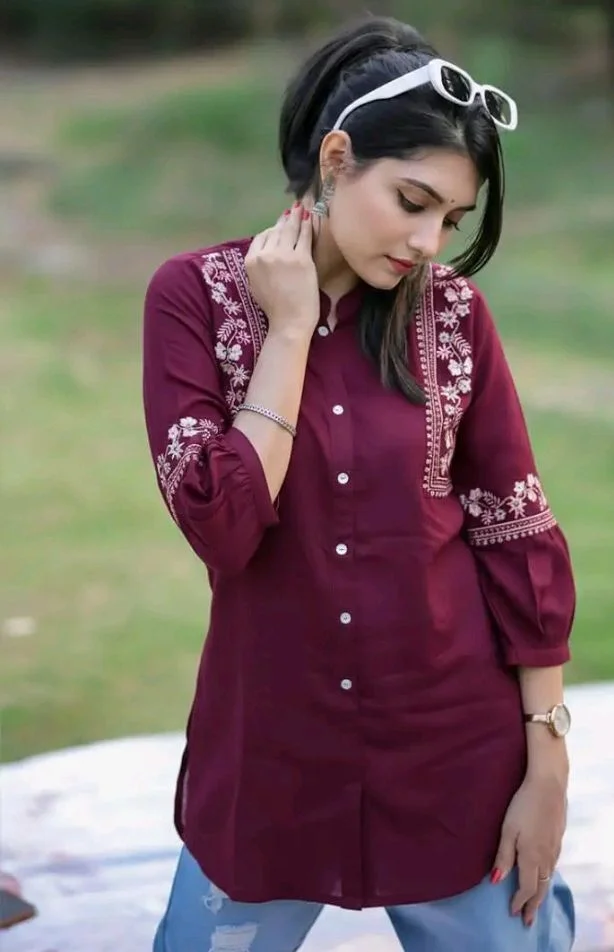 Women Rayon Embroidered Tunic Top with Button Work | 3/4 Sleeve Casual & Office Wear Long Tunic Soft Comfortable Short Kurti Stylish Everyday Wear
- 3XL