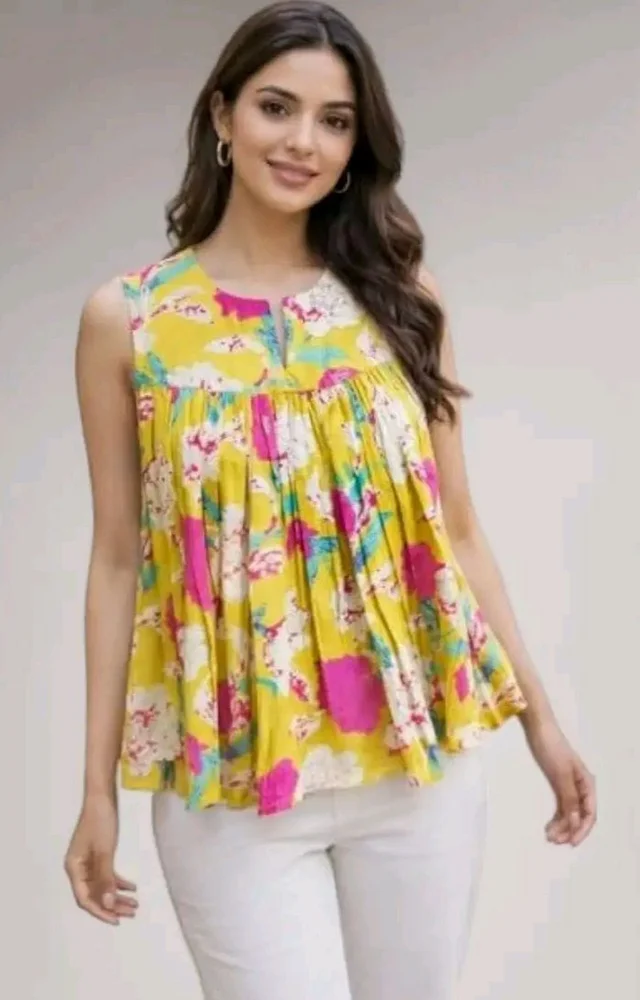 Women's Printed Flared Kurti Style Top, Cotton Blend, Sleeveless, A-Line Tunic, Loose Fit, Yellow, for Office and College Wear
- L