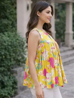 Women's Printed Flared Kurti Style Top, Cotton Blend, Sleeveless, A-Line Tunic, Loose Fit, Yellow, for Office and College Wear
- L