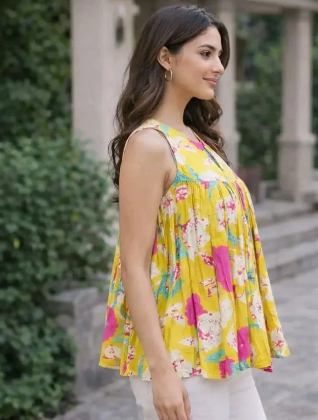 Women's Printed Flared Kurti Style Top, Cotton Blend, Sleeveless, A-Line Tunic, Loose Fit, Yellow, for Office and College Wear
- L