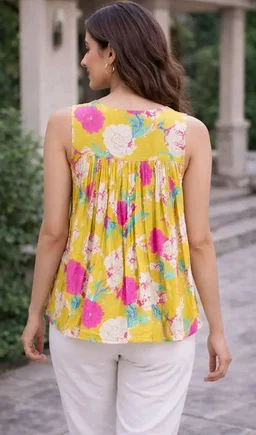 Women's Printed Flared Kurti Style Top, Cotton Blend, Sleeveless, A-Line Tunic, Loose Fit, Yellow, for Office and College Wear
- L
