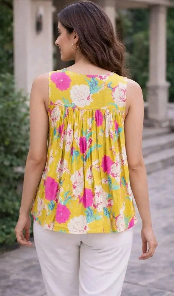 Women's Printed Flared Kurti Style Top, Cotton Blend, Sleeveless, A-Line Tunic, Loose Fit, Yellow, for Office and College Wear
- L