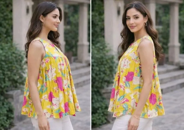 Women's Printed Flared Kurti Style Top, Cotton Blend, Sleeveless, A-Line Tunic, Loose Fit, Yellow, for Office and College Wear
- L