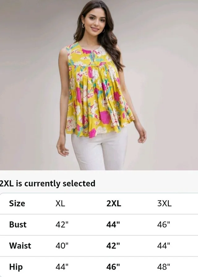 Women's Printed Flared Kurti Style Top, Cotton Blend, Sleeveless, A-Line Tunic, Loose Fit, Yellow, for Office and College Wear
- L