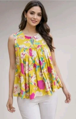 Women's Printed Flared Kurti Style Top, Cotton Blend, Sleeveless, A-Line Tunic, Loose Fit, Yellow, for Office and College Wear
- L