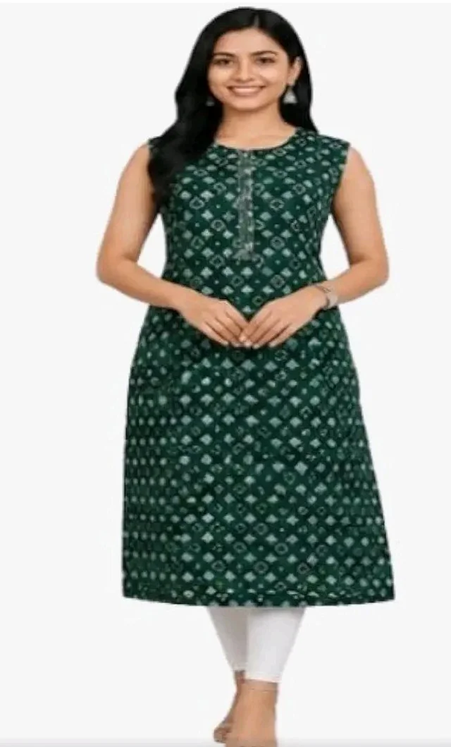 Green Printed Sleeveless Kurta with Tassel Detail by Cotton Printed and Women Kurta
- L