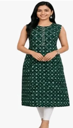 Green Printed Sleeveless Kurta with Tassel Detail by Cotton Printed and Women Kurta
- L
