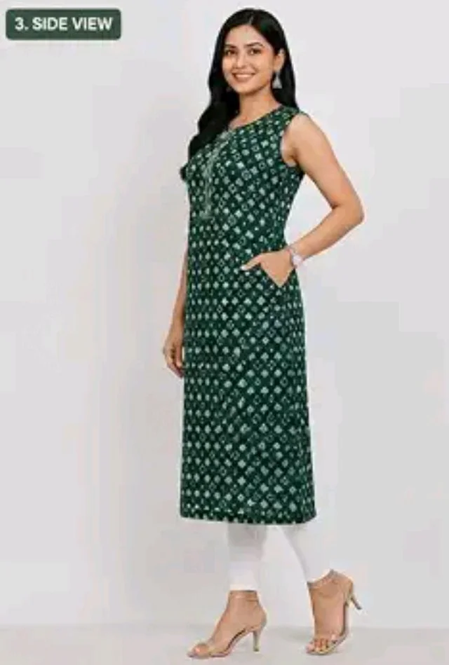 Green Printed Sleeveless Kurta with Tassel Detail by Cotton Printed and Women Kurta
- L