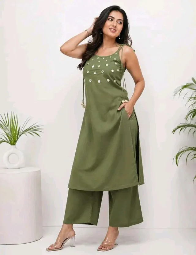 Women's Cotton Embroidery Sleeveless Kurti with Ankle Length Pant Set - 2XL