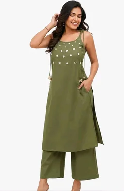 Women's Cotton Embroidery Sleeveless Kurti with Ankle Length Pant Set - 2XL