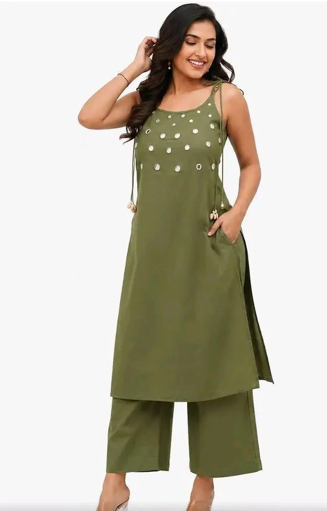 Women's Cotton Embroidery Sleeveless Kurti with Ankle Length Pant Set - 2XL