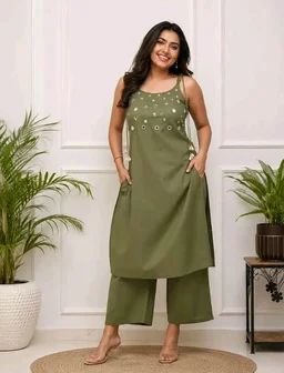 Women's Cotton Embroidery Sleeveless Kurti with Ankle Length Pant Set - 2XL