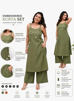 Women's Cotton Embroidery Sleeveless Kurti with Ankle Length Pant Set - 2XL