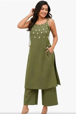 Women's Cotton Embroidery Sleeveless Kurti with Ankle Length Pant Set - 2XL